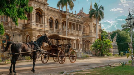 Naklejka premium Horse-Drawn Carriage Parked In Front of a Grand Ornate Building