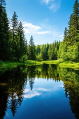 A serene forest lake reflecting the surrounding trees, showcasing the harmony between water conservation and nature, with the sky offering copy space for environmental slogans