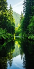 Obraz premium A tranquil river flowing through a dense forest