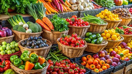 Obraz premium A Vibrant Display of Fresh Produce in Wicker Baskets, Arranged in a Colorful Symphony of Nature's Bounty