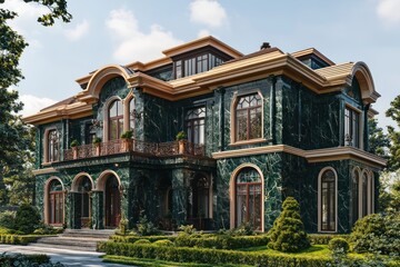 Fototapeta premium Architectural visualization of a home with forest green accents, marrying traditional design, including dark marble and cherry wood details, vast windows, tan trims on the roof, and manicured greenery
