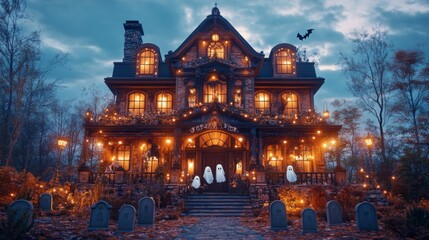 Fototapeta premium Spooky Haunted House in Outdoor Scene at Dusk
