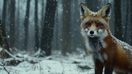 Obraz premium A red fox standing in a snowy forest, its fur bright against the white snow.