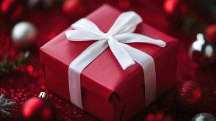 Obraz premium A red gift box tied with a white ribbon, set against a festive holiday background.