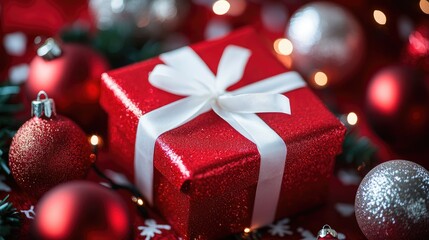 A red gift box tied with a white ribbon, set against a festive holiday background.