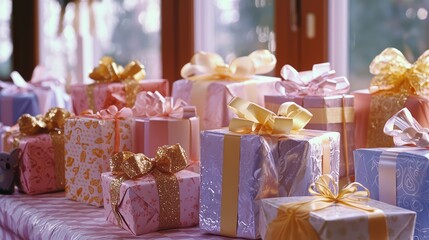 A beautifully arranged display of colorful gift boxes with ribbons, perfect for any celebration or special occasion.