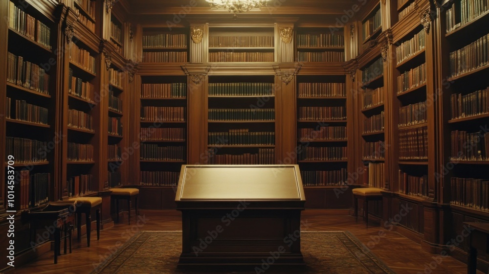 Poster A Grand Library with Antique Bookcases and a Table in the Center