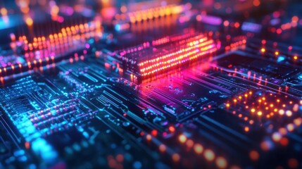 Abstract Circuit Board with Glowing Blue and Red Lines and Lights