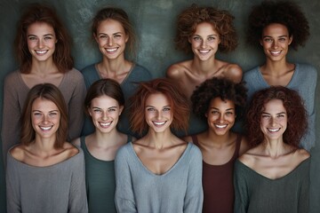 Obraz premium Group of women with different hair colors and styles. They are all smiling. One woman has a green shirt. different faces of different woman of diverse haircut.