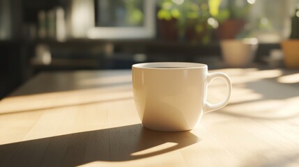 A White Mug of Coffee on a Wooden Table in Sunlight