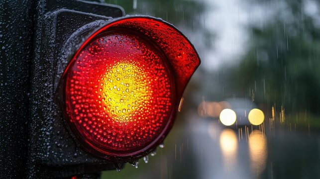 A red stoplight glowing in the rain, with water droplets covering the glass.