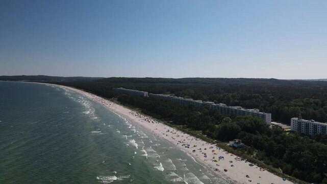 Aerial view across the KDF Prora Baltic white sand Beach 