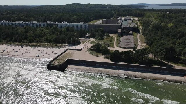 Aerial view across the KDF Prora Baltic white sand Beach 