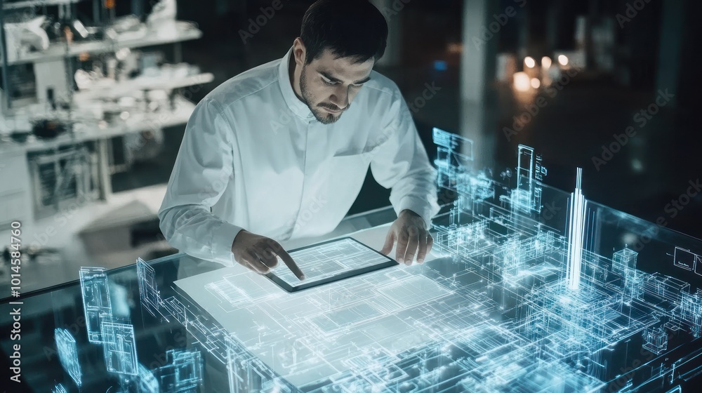 Poster Man Interacting with a Holographic 3D Model of a Building
