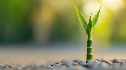 A close-up of a young bamboo shoot sprouting from the ground, symbolizing new growth, resilience,...