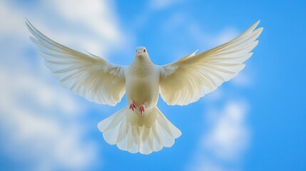 A white dove in mid-flight against a blue sky, symbolizing peace and freedom.