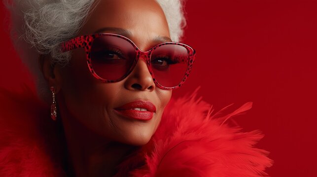 Woman wearing red glasses and a red coat. She is smiling. closeup portrait of an extremely hip black older woman, sunglasses, feather boa, cheeta patterned hair, on a red background
