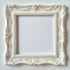 Vintage ornate white picture frame with blank space for photo, on white isolate background.