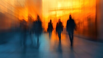 A blurred scene of people walking in an urban setting during sunset.