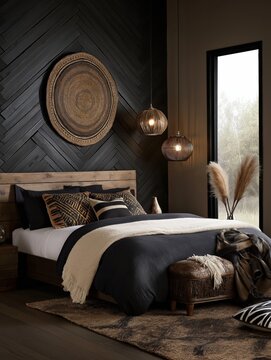 A stylish bedroom with modern eclectic design, featuring rustic accents, black walls, tribal patterned pillows, hanging lamps, and a cozy bed in dark and neutral tones