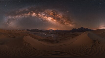 Naklejka premium Milky Way Arcing Over Sand Dunes and Mountains in a Desert Landscape