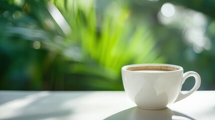 Fototapeta premium A White Coffee Mug on a White Surface with a Green, Out-of-Focus Background