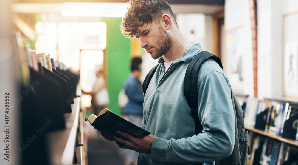Poster university, reading and books with man in library for knowledge, education and college thesis. acade