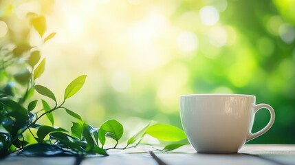 White Coffee Cup Resting on a Wooden Table with Green Foliage and Blurred Background