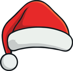 Minimalist Santa Claus hat in black outlines and traditional red and white colors. Christmas symbol