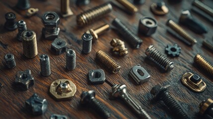 A close-up view of assorted metallic hardware including screws, nuts, and bolts arranged on a wooden surface.