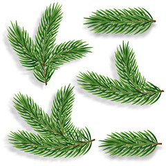 Naklejka premium Set of 3d realistic evergreen pine tree branches for a Christmas decor. Vector illustration. Green needles for winter xmas holiday celebration.