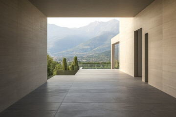 Fototapeta premium Modern minimalist architecture with expansive views of mountains during the golden hour