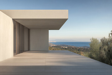 Modern architectural design overlooking a serene coastal landscape at sunset