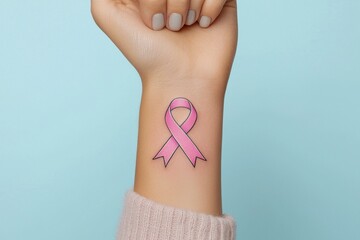 Hand with pink ribbon tattoo on blue background.