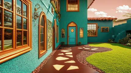 Artistic home with amber window frames, a teal terrace, and jade walls A chocolate path leads to a sky blue door, with a peridot lawn under a salmon sky