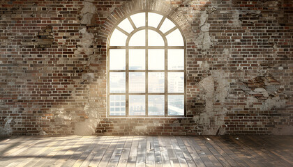Empty room with arched window and shiplap flooring. Brick wall in loft interior mockup. Studio or office blank space