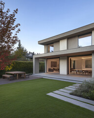 Fototapeta premium Modern home exterior with landscaped garden and patio area in the late afternoon sunlight