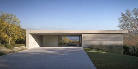 Modern architectural design of a minimalist house in a serene natural setting during daylight
