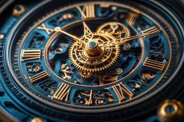 Fototapeta premium Close-up of a clock face with gears and intricate details visible, warm light casting soft shadows, macro shot highlighting precision and craftsmanship.