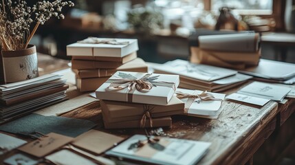 A cozy workspace adorned with beautifully wrapped gifts and handmade stationery, perfect for creative inspiration and holiday preparations.
