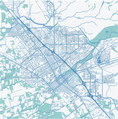 Map of Chico in California in a professional blue style. Contains layered vector with roads water, parks, etc.