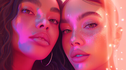 Obraz premium Two beautiful women with closed eyes, pink and white gradient skin, light background, stars on the face, digital art, pastel colors, soft shadows,