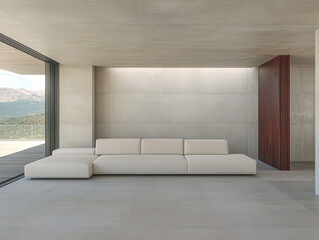 Modern minimalist living room with panoramic views of the mountains in bright daylight