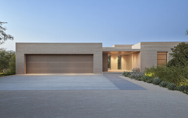 Fototapeta premium Modern architectural masterpiece in a serene desert setting at dusk