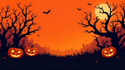 Halloween scene with jack-o'-lanterns, bats, and spooky trees against an orange sky