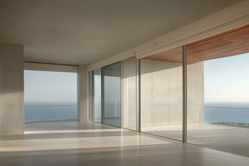 Modern interior design with expansive views of the ocean in a minimalist space at sunrise