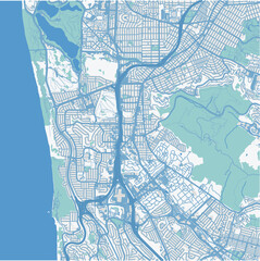 Map of Daly City in California in a professional blue style. Contains layered vector with roads water, parks, etc.