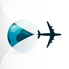An Airplane Silhouette Opens Up the Translucent Cover Background Over an Earth Globe. Banner for Trip to Abroad or Vacations, Discovering Travel Around the World Concept