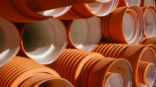 Camera moves from left to right along a stack of new orange corrugated plastic drainage pipes at a construction site, showcasing the materials used in modern infrastructure projects