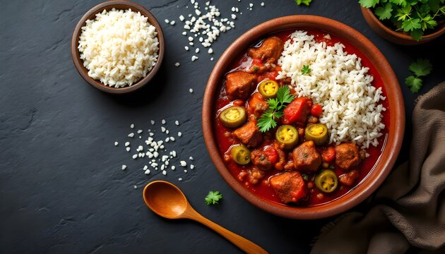 Bamia Bil Lahma, a flavorful okra stew with meat served alongside rice (Egyptian Cuisine)